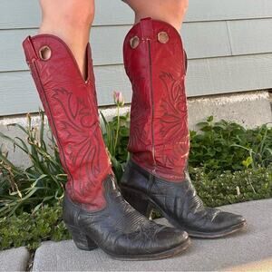 Vintage 80s Nocona Black Red Buckaroo Cowboy Western Boots 10.5D